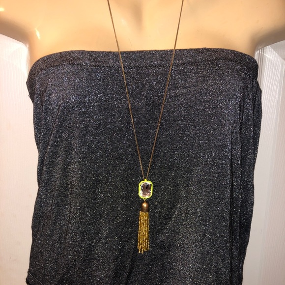 J. Crew Rhinestone Pendant Necklace Chartreuse Neon Green Frame Bead Tassel Gold - Picture 2 of 6
